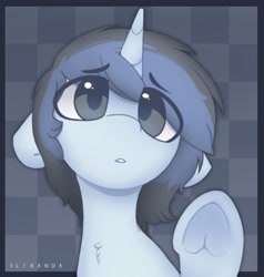 Size: 1341x1409 | Tagged: safe, artist:flixanoa, imported from derpibooru, oc, oc only, oc:fef, pony, unicorn, checkered background, floppy ears, male, solo, underhoof