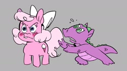 Size: 1942x1093 | Tagged: safe, artist:kylesmeallie, imported from derpibooru, baby lickety split, spike (g1), dragon, earth pony, pony, my little pony: the movie (g1), angry, baby, baby licketybetes, baby pony, blushing, bow, cute, duo, female, filly, first tooth pony, frown, g1, g1 spikabetes, g1 to g4, g4, generation leap, gray background, hair bow, i'll go it alone, simple background, younger