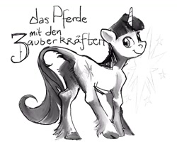 Size: 1024x862 | Tagged: safe, artist:spectralunicorn, imported from derpibooru, twilight sparkle, classical unicorn, pony, unicorn, butt, cloven hooves, german, grayscale, leonine tail, looking back, monochrome, plot, simple background, slim, smiling, solo, thin, translated in the comments, twibutt, unicorn twilight, unshorn fetlocks, white background