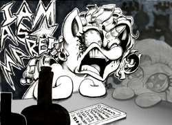 Size: 1469x1062 | Tagged: safe, imported from derpibooru, fluttershy, rarity, pegasus, unicorn, bloodshot eyes, bottle, cellphone, duo, grayscale, monochrome, phone, rage