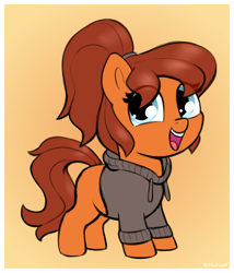 Size: 1314x1536 | Tagged: safe, artist:heretichesh, imported from derpibooru, oc, oc only, oc:maven, earth pony, pony, blank flank, clothes, cute, eye clipping through hair, female, filly, gradient background, happy, hoodie, ocbetes, open mouth, open smile, smiling, solo