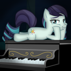 Size: 1920x1920 | Tagged: safe, artist:clamstacker, artist:gatesmccloud, artist:grapefruit-face, imported from derpibooru, coloratura, pony, bedroom eyes, explicit description, grand piano, hooves on cheeks, looking at you, lying down, musical instrument, piano, prone, rara, seductive look, seductive pose, show accurate, solo