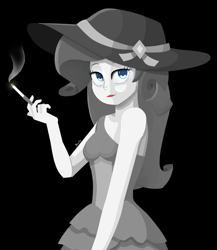 Size: 1692x1950 | Tagged: safe, artist:biocrine, imported from derpibooru, rarity, equestria girls, black and white, black background, cigarette, fall formal outfits, female, grayscale, looking at you, monochrome, neo noir, partial color, simple background