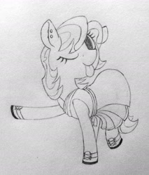 Size: 1520x1780 | Tagged: safe, artist:sodanium, imported from ponybooru, earth pony, clothes, female, monochrome, one eye closed, solo, tongue out, traditional art, wink