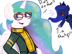 Size: 1024x768 | Tagged: safe, artist:tranzmuteproductions, imported from derpibooru, princess celestia, princess luna, alicorn, anthro, pony, annoyed, clothes, cosplay, costume, dialogue, eyelashes, female, glasses, hoof shoes, horn, jewelry, simple background, smiling, tiara, white background, wings