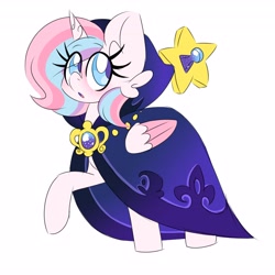 Size: 4096x4096 | Tagged: safe, artist:ladylullabystar, imported from derpibooru, oc, oc:lullaby star, alicorn, pony, cloak, clothes, female, mare, simple background, solo, white background