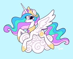 Size: 2048x1639 | Tagged: safe, artist:squididdlee, imported from derpibooru, princess celestia, alicorn, pony, blue background, cloud, crown, cute, cutelestia, female, jewelry, lying down, mare, on a cloud, profile, prone, regalia, simple background, solo, spread wings, wings