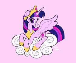 Size: 2048x1699 | Tagged: safe, artist:squididdlee, imported from derpibooru, twilight sparkle, alicorn, pony, cloud, crown, cute, female, hoof shoes, jewelry, mare, older, older twilight, on a cloud, peytral, pink background, profile, regalia, simple background, smiling, solo, twiabetes, twilight sparkle (alicorn)