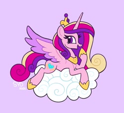 Size: 2045x1855 | Tagged: safe, artist:squididdlee, imported from derpibooru, princess cadance, alicorn, pony, cloud, crown, cute, cutedance, female, jewelry, lying down, mare, on a cloud, open mouth, profile, prone, purple background, regalia, simple background, solo