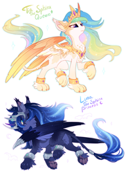 Size: 916x1256 | Tagged: safe, artist:hioshiru, imported from derpibooru, princess celestia, princess luna, alicorn, hybrid, sphinx, ethereal mane, jewelry, looking at you, paw pads, paws, species swap, sphinxified