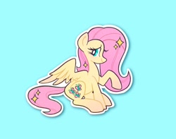 Size: 2048x1616 | Tagged: safe, artist:squididdlee, imported from derpibooru, fluttershy, pegasus, pony, aside glance, blue background, blushing, cute, daaaaaaaaaaaw, female, looking at you, mare, outline, profile, raised hoof, shyabetes, simple background, sitting, smiling, solo, sparkles, sparkling mane, spread wings, teal background, white outline, wings