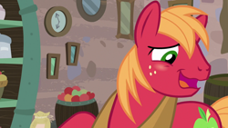 Size: 1280x720 | Tagged: safe, imported from derpibooru, screencap, big macintosh, earth pony, pony, hard to say anything, season 7, big macintosh's yoke, blushing, cute, embarrassed, embarrassed grin, horse collar, macabetes, male, solo, stallion