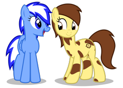 Size: 4000x2850 | Tagged: safe, alternate version, artist:strategypony, imported from derpibooru, oc, oc only, oc:sandy sweet, oc:sirius, earth pony, pegasus, pony, derpibooru community collaboration, 2022 community collab, blue eyes, brown eyes, brown mane, brown tail, duo, duo female, earth pony oc, eye contact, female, folded wings, full body, high res, looking at each other, mare, mottled coat, open mouth, open smile, pegasus oc, shadow, show accurate, simple background, smiling, standing, tail, transparent background, two toned mane, two toned tail, wings