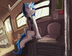 Size: 1800x1400 | Tagged: safe, artist:alexsvnn, imported from derpibooru, oc, oc only, pony, unicorn, clothes, scarf, sitting, solo, striped scarf, subway train