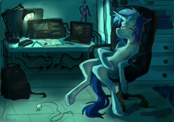 Size: 2000x1400 | Tagged: safe, artist:alexsvnn, imported from derpibooru, oc, oc only, pony, unicorn, backpack, chair, chest fluff, computer, lamp, laptop computer, sitting, solo