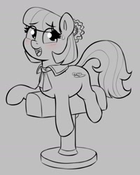 Size: 1287x1608 | Tagged: safe, artist:heretichesh, imported from derpibooru, coco pommel, earth pony, pony, blushing, cocobetes, cute, eye clipping through hair, female, gray background, grayscale, mare, monochrome, open mouth, open smile, partial color, pommel horse, pun, simple background, smiling, solo, sweat, sweatdrop, visual pun