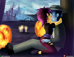 Size: 1500x1159 | Tagged: safe, artist:dieart77, imported from derpibooru, sunset shimmer, oc, costume conundrum, equestria girls, equestria girls series, spoiler:eqg series (season 2), blushing, candle, canon x oc, clothes, commission, duo, eyes closed, female, fence, halloween, holiday, jack-o-lantern, kissing, male, pants, pumpkin, streetlight