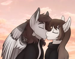 Size: 2270x1777 | Tagged: safe, artist:zahsart, imported from derpibooru, oc, oc only, oc:hickory, oc:vantage, earth pony, pegasus, pony, clothes, eyes closed, kissing, spread wings, sweater, wings