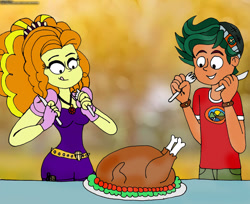 Size: 1280x1047 | Tagged: safe, artist:rdj1995, imported from derpibooru, adagio dazzle, timber spruce, bird, turkey, equestria girls, cooked, female, fork, holiday, knife, male, shipping, straight, thanksgiving, timberdazzle