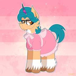 Size: 2000x2000 | Tagged: safe, artist:saveraedae, imported from derpibooru, hitch trailblazer, earth pony, pony, clothes, crossdressing, dress, fake horn, g5, high res, hitch trailblazer is not amused, looking away, male, my little pony: a new generation, pink background, simple background, solo, stallion