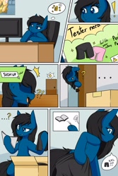 Size: 2000x3000 | Tagged: safe, artist:rice, imported from derpibooru, oc, oc only, oc:blue pone, earth pony, pony, comic:portal panties, ..., cardboard box, clothes, comic, computer, desk, engrish, exclamation point, experiment, high res, instructions, loose fitting clothes, panties, pants, question mark, solo, underwear