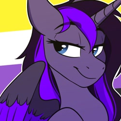 Size: 1200x1200 | Tagged: safe, artist:zahsart, imported from derpibooru, oc, oc only, alicorn, pony, alicorn oc, horn, lidded eyes, nonbinary, nonbinary pride flag, pride, pride flag, smiling, solo, spread wings, wings