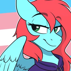 Size: 1200x1200 | Tagged: safe, artist:zahsart, imported from derpibooru, oc, oc only, pegasus, pony, female, lidded eyes, pride, pride flag, smiling, solo, trans female, transgender, transgender pride flag