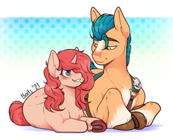 Size: 1601x1302 | Tagged: dead source, safe, artist:baitslament, imported from derpibooru, hitch trailblazer, oc, oc:amber haze, earth pony, pony, unicorn, blue background, canon x oc, cute, femboy, g5, gay, love, lying down, male, my little pony: a new generation, shipping, simple background, smiling, stallion, unshorn fetlocks