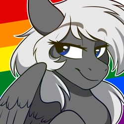 Size: 1200x1200 | Tagged: safe, artist:zahsart, imported from derpibooru, oc, oc only, oc:silver bullet, pegasus, pony, gay pride flag, lidded eyes, pride, pride flag, smiling, solo, spread wings, wings