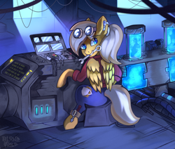 Size: 1300x1100 | Tagged: safe, artist:freak-side, imported from derpibooru, oc, oc only, oc:coffee creme, pegasus, pony, clothes, goggles, machine, pants, repairing, shirt, solo, wrench