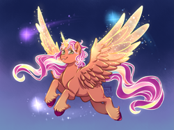 Size: 1887x1403 | Tagged: safe, artist:yami-sempai, imported from derpibooru, sunny starscout, alicorn, earth pony, pony, artificial horn, artificial wings, augmented, g5, horn, magic, magic horn, magic wings, mane stripe sunny, my little pony: a new generation, princess sunny starscout, race swap, solo, sunnycorn, wings