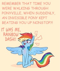 Size: 1279x1499 | Tagged: safe, artist:possumpupper, edit, edited edit, imported from derpibooru, rainbow dash, pegasus, pony, backwards cutie mark, cheek fluff, chest fluff, cute, dashabetes, dialogue, dio brando, ear fluff, female, it was me, it was me dio, jojo's bizarre adventure, kono dio da, meme, open mouth, reverse-flash, simple background, solo, spread wings, text, text edit, wings