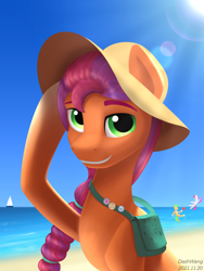 Size: 1668x2224 | Tagged: safe, artist:dash wang, imported from derpibooru, hitch trailblazer, sunny starscout, zipp storm, earth pony, pegasus, pony, bag, beach, beach ball, braided ponytail, female, g5, hat, looking at you, male, mare, my little pony: a new generation, ocean, pin, sailboat, solo, stallion