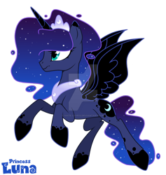 Size: 1280x1351 | Tagged: safe, alternate version, artist:hate-love12, imported from derpibooru, princess luna, alicorn, pony, alternate design, alternate hairstyle, alternate timeline, alternate universe, cutie mark, deviantart watermark, ethereal hair, ethereal mane, ethereal tail, galaxy, galaxy mane, galaxy tail, horn, obtrusive watermark, princess of the night, simple background, solo, spread wings, tail, transparent background, watermark, wings