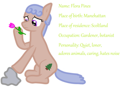 Size: 1036x737 | Tagged: safe, artist:adusak, derpibooru exclusive, imported from derpibooru, oc, oc only, oc:flora pines, earth pony, pony, amateur, curly mane, cutie mark, description, earth pony oc, flower, low quality, low quality art, sad, short mane, simple background, solo, stone, text, tulip, white background