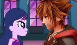 Size: 720x417 | Tagged: safe, artist:wavebreeze234, imported from derpibooru, twilight sparkle, equestria girls, crossover, disney, eyelashes, female, indoors, kingdom hearts, male, sora, straight