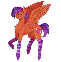 Size: 1423x1440 | Tagged: safe, artist:brot-art, imported from derpibooru, oc, oc only, pegasus, pony, chest fluff, clothes, concave belly, pegasus oc, raised hoof, simple background, smiling, socks, spread wings, sternocleidomastoid, striped socks, transparent background, wings