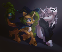 Size: 4000x3376 | Tagged: safe, artist:helemaranth, imported from derpibooru, oc, oc:eldorada, oc:yiazmat, kirin, unicorn, anonymous, clothes, costume, couple, female, halloween, halloween 2021, halloween costume, hat, holiday, horn, kirin oc, male, orb, shipping, unicorn oc, witch, witch hat