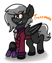 Size: 1728x2094 | Tagged: safe, artist:tranzmuteproductions, imported from derpibooru, oc, oc only, oc:tranzmute, bat pony, pony, bandaid, bat pony oc, bat wings, clothes, grin, male, necktie, simple background, smiling, solo, stallion, suit, unshorn fetlocks, white background, wings