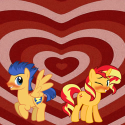 Size: 1080x1080 | Tagged: safe, artist:themexicanpunisher, imported from derpibooru, flash sentry, sunset shimmer, pony, unicorn, equestria girls, blushing, female, flashimmer, grin, looking at each other, looking back, male, one eye closed, shipping, smiling, straight, the powerpuff girls, wink