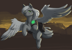 Size: 1164x815 | Tagged: artist needed, source needed, safe, imported from derpibooru, oc, oc only, oc:aurora pinfeathers, pegasus, pony, fallout equestria, bag, fallout, fallout equestria: renewal, fanfic, fanfic art, female, flying, gray coat, green eyes, hooves, looking at you, mane, mare, pipbuck, protagonist, saddle bag, solo, spread wings, tail, white mane, wings