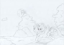 Size: 1024x724 | Tagged: safe, artist:wasnttheredonenothing, imported from derpibooru, oc, oc:aurora pinfeathers, oc:ginger dressage, pegasus, unicorn, fallout equestria, cloud, fallout equestria: renewal, fanfic art, flying, lineart, mare in the moon, monochrome, moon, night, riding, riding a pony, romantic, sketch, sky, smiling, traditional art