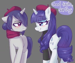 Size: 1224x1024 | Tagged: safe, artist:ponchik_art, imported from derpibooru, rarity, pony, unicorn, beatnik pony, beatnik rarity, beret, blushing, clothes, dialogue, duo, duo female, female, g5, gray background, hat, looking at each other, mare, my little pony: a new generation, onyx, scarf, simple background, smiling, sweater
