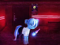 Size: 2000x1500 | Tagged: safe, alternate version, artist:menalia, imported from derpibooru, oc, oc only, oc:freezy coldres, pony, unicorn, aesthetics, alcohol, clothes, dark room, door, drunk, error, female, glitch, horn, magic, magic aura, mare, neon, pants, poster, room, sad, shirt, shoes, solo, sun, synthwave, synthwave grid, t-shirt, vodka