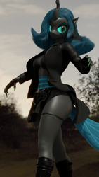 Size: 1440x2560 | Tagged: safe, artist:artempredator, imported from derpibooru, queen chrysalis, anthro, changeling, changeling queen, 3d, belt, bikini, bikini top, blender, blender cycles, boots, breasts, claws, clothes, female, fingerless gloves, gloves, green eyes, jacket, legs, long nails, nails, shoes, skirt, solo, swimsuit, thighs