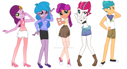 Size: 1280x698 | Tagged: safe, artist:hate-love12, imported from derpibooru, hitch trailblazer, izzy moonbow, pipp petals, sunny starscout, zipp storm, equestria girls, clothes, deviantart watermark, equestria girls-ified, g5, g5 to equestria girls, mane five (g5), my little pony: a new generation, obtrusive watermark, shorts, simple background, skirt, transparent background, watermark