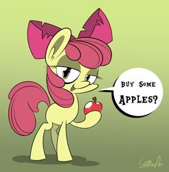 Size: 1256x1278 | Tagged: safe, artist:slitherpon, imported from derpibooru, apple bloom, earth pony, pony, apple, bedroom eyes, buy some apples, female, food, gradient background, moody mark crusaders, solo, speech bubble
