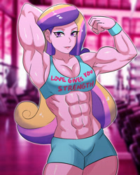 Size: 800x1000 | Tagged: safe, artist:tzc, imported from derpibooru, princess cadance, equestria girls, abs, arm behind head, armpits, belly button, breasts, commission, dean ca-dense, dean cadance, female, fetish, flexing, gym, looking at you, muscle fetish, muscles, muscular female, princess ca-dense