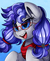 Size: 1446x1764 | Tagged: safe, artist:pridark, imported from derpibooru, oc, oc only, oc:cinnabyte, earth pony, pony, bandana, blue background, dedication, determine, determined, female, glasses, head, mare, neckerchief, open mouth, pigtails, simple background, smiling, solo