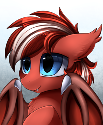 Size: 1446x1764 | Tagged: safe, artist:pridark, imported from derpibooru, oc, oc only, oc:eclipse skies, bat pony, pony, abstract background, bat pony oc, bat wings, bust, chest fluff, claws, cute, ear fluff, fangs, floppy ears, male, portrait, red, slit pupils, smiling, solo, spread wings, stallion, white, wing claws, wings